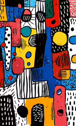 an abstract painting of colorful shapes on black and white