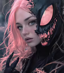 a woman wearing a creepy mask and black gloves