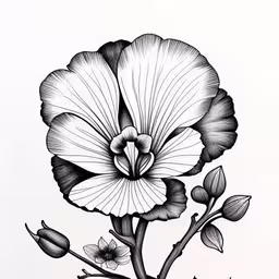 an ink drawing of a large flower,the white flower is growing from a stem