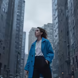 the woman is standing on the sidewalk in the city