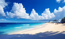 a sandy beach with some white sand and blue ocean water