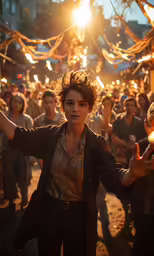 a woman holding a torch in front of a crowd