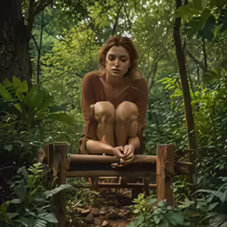 a woman posing for a photograph sitting on a bench in the woods