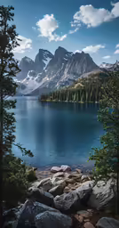 a mountain lake is surrounded by rocky shores