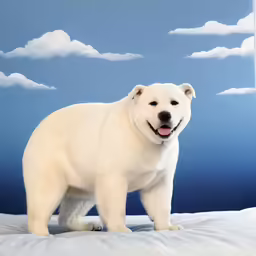 a white dog standing on top of a bed