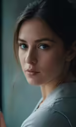 a beautiful young woman with blue eyes looking in the mirror