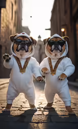 two dogs dressed up in costumes walking down an alleyway