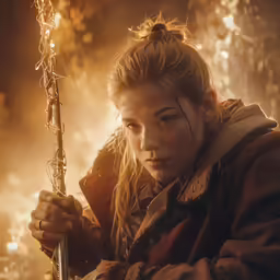 a girl dressed up with a staff of fire