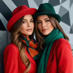 two women dressed in red and green hats pose for a photo