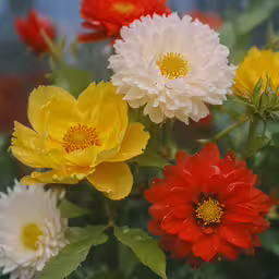 multiple flowers with yellow, red, and white petals,a group of flowers that are sitting in the ground