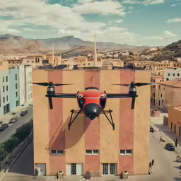 a large air craft hovers near a building
