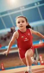a young girl runs across a track during a competition