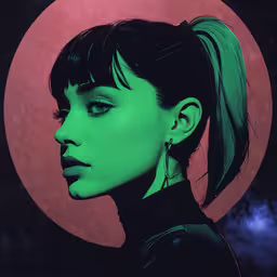 a female in a black shirt and piercings against a neon colored background,a drawing of a young woman with green hair