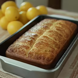 a loaf of bread in a metal pan next to yellow tomatoes