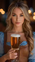 a beautiful blond girl dressed in an apron with blonde hair holds a glass of beer