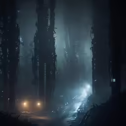two cars driving down the road in a dark forest