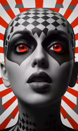 a girl with weird makeup and red eyes