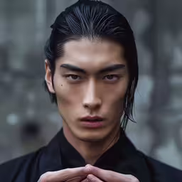 a man with long black hair standing in front of a grey wall,a man with long black hair is holding his hands together