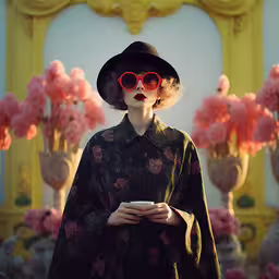 a model in a dark fashion wearing sun glasses,a woman dressed in a long kimono and large red sun glasses