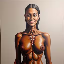 a painting of a woman with a breast, wearing pearls on her necklace,a painting of a woman in naked torso with beads