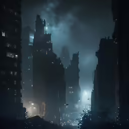 the city skyline is shown at night, in the fog