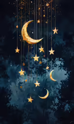 golden stars hanging from strings that have crescent shaped moon