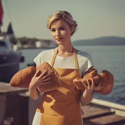 a young woman standing on the pier holding some bagels