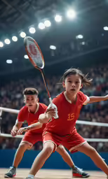 two young girls playing tennis at a court