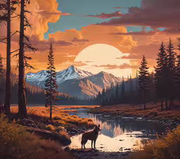 a wolf standing in a stream looking at the sky,a painting of a wolf standing in a forest at sunset