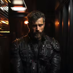 man in leather jacket leaning against the wall,a man with dark hair in leather jacket