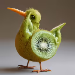 a kiwi fruit is shaped as a bird with a bright colored beak