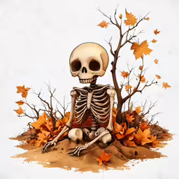 skeleton sitting in the sand with a tree on top