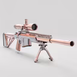 a large, silver and gold rifle with a scope attached