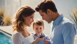 a man, woman and child standing near an in ground pool