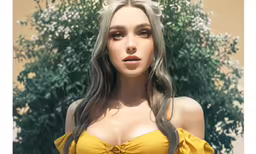 an adult female is standing in front of bushes