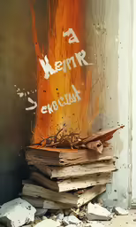 a pile of stacked wood with text on it