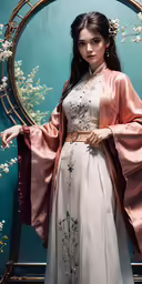 a woman in a white and red traditional chinese outfit