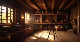 a light shining in a dark room and there are a set of equipment to the right of the window,a sunlit room with a large camera on a tripod