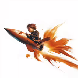 a young boy flying in a rocket shaped like a rocket