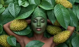 a woman surrounded by green leaves with her face painted green