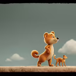 the animated dog with a kitten is looking at something