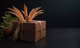 a present box covered with brown paper next to pine cones