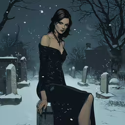 a female in a dress sits on a grave with snow falling down on her,an illustration of a woman sitting on top of a suitcase