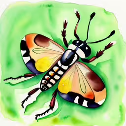 a bug with lots of black and orange markings,watercolor drawing of a colorful insect on a green surface