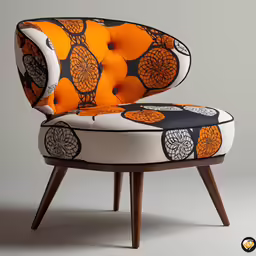 an orange and black chair on wooden legs