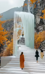 two people are walking on stairs into an artificial waterfall