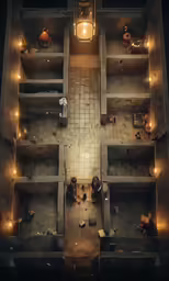 a view of a prison with lights shining on its ceiling