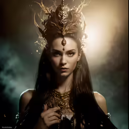 woman with long brown hair and a tiara on