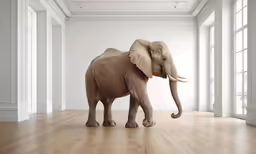 an elephant in a large room on a wooden floor