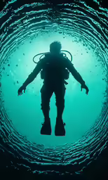 a man scubas in the blue water